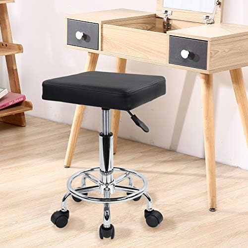 KKTONER Square Rolling Stool with Foot Rest PU Leather Height Adjustable Spa Drafting Salon Tattoo Work Swivel Stools Task Chair Small (Black)