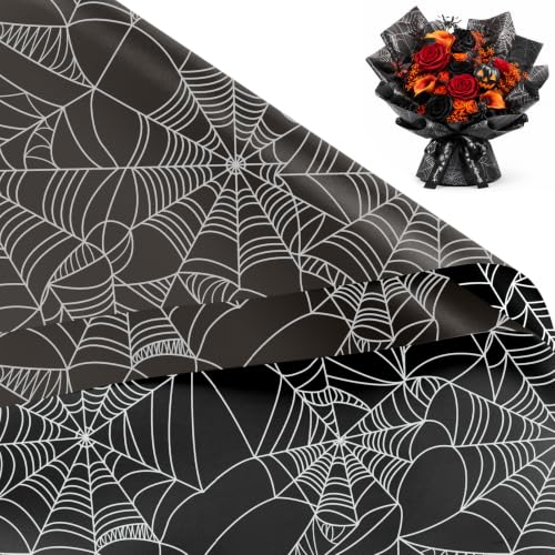 RUSPEPA 20 Sheets Flower Wrapping Paper, Black Spiderweb Design Plastic Packaging - Waterproof Floral Bouquet Wrapping Paper - Florist Supplies Packaging for Halloween, Birthday, DIY Crafts