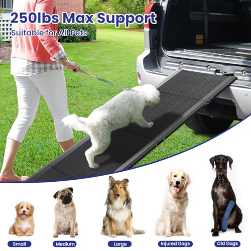 Dog Ramp for Car, 67" L x 20" W Extra Wide Folding Dog Ramp, Pet Ramp with Non-Slip Rug Surface, Dog Steps Supports Up to 250 lb, Outdoor Dog Ramp for Car, SUV, Truck - Thumbnail 5