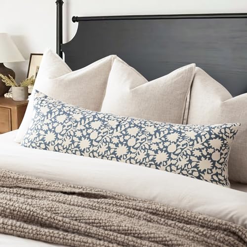 Image of Foindtower Set of 1 Decorative Long Body Lumbar Throw Pillow Covers Accent Farmhouse Cushion Cover Neutral Floral Pillowcase for Couch Sofa Bedroom Living Room Home Decor,14x36 Inch,Dusty Blue