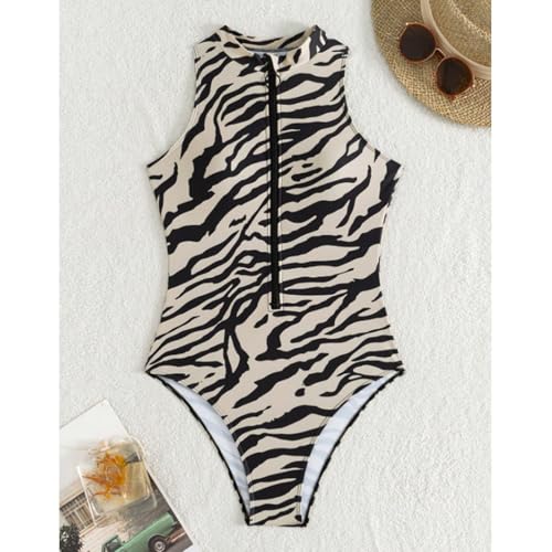 Maillot de bain zèbre pour femme avec coupe haute et push up à fermeture éclair