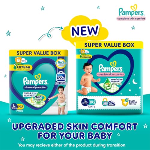 Image of Pampers Complete Skin Comfort Pants,(LG) 168 Count, Anti-rash blanket, Lotion with Vitamin E & Aloe Vera, Large size baby diapers, 9-14 kg