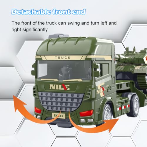 Image of Military Transport Truck with Tank Toy for Kids | Army Carrier Trucks with Movable Tank & Loading Ramp | Friction Powered Pretend Play Toy Vehicle for 3+ Years Boys & Girls
