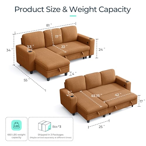 Image of LINSY HOME Sectional Sleeper Sofa with Storage Chaise & USB Charging, Convertible Pull Out Couch Bed Plush Corduroy Modular Sectional Couches for Living Room Apartment (Brown)