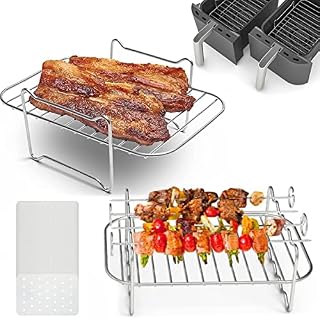 Jetcloud 2pcs Air Fryer Rack Stainless Steel Double Layer Air Fryer Accessories with 4x Grilling Skewers & 100x Air Fryer Liner Metal Dehydrator Rack Holder for Double Basket Air Fryers Roasting Oven