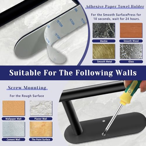 Image of Black Paper Towel Holder, Self Adhesive Paper Towel Holder Under Cabinet | Stainless Steel, kitchen, Bathroom, Sink, Pantry, Fridge, durable, scratch-resistant, cling film, foil rolls, Drilling
