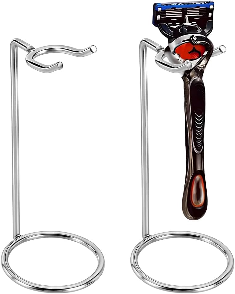 AHANDMAKER 2 Pack Stainless Steel Safety Razor Stand for Razors and Brushes 2x4.8in Heavy Duty Razor Holder Shaving Brush Organizer for Bathroom Travel Fathers Day Christmas Gifts Accessories