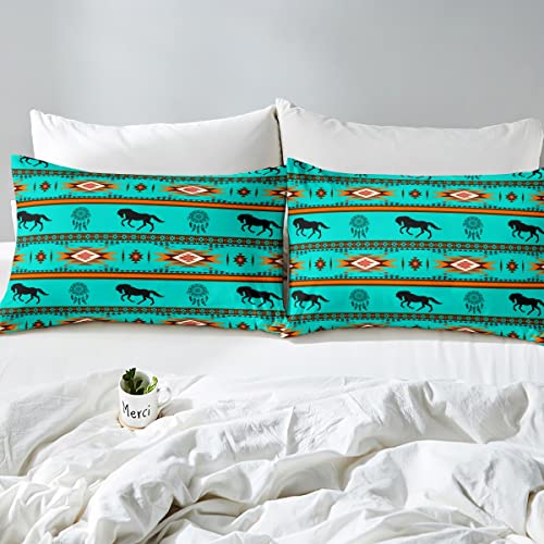 Western Fitted Sheet Dream Catcher Horse Bed Sheet Set Aztec Native American Bedding Set For Boys Girls Kids Cowboy Cowgirl Bedroom Decor Rustic Tribal Sheet Sets Queen Size 4Pcs Bedding Sheet #TOP2