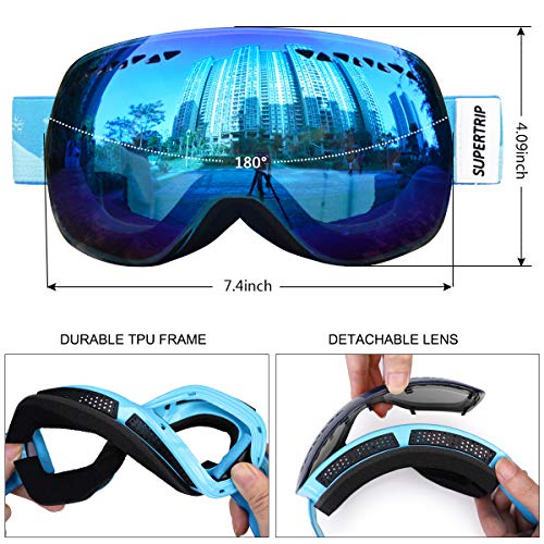 Supertrip Ski Snowboard Goggles For Men & Women Over The Glasses Snow Goggles Anti Fog 100% Uv Protection Double Lens Interchangeable Lens For Skiing (Gray Revo Ice Blue(Vlt 28%) Without Case) #TOP4