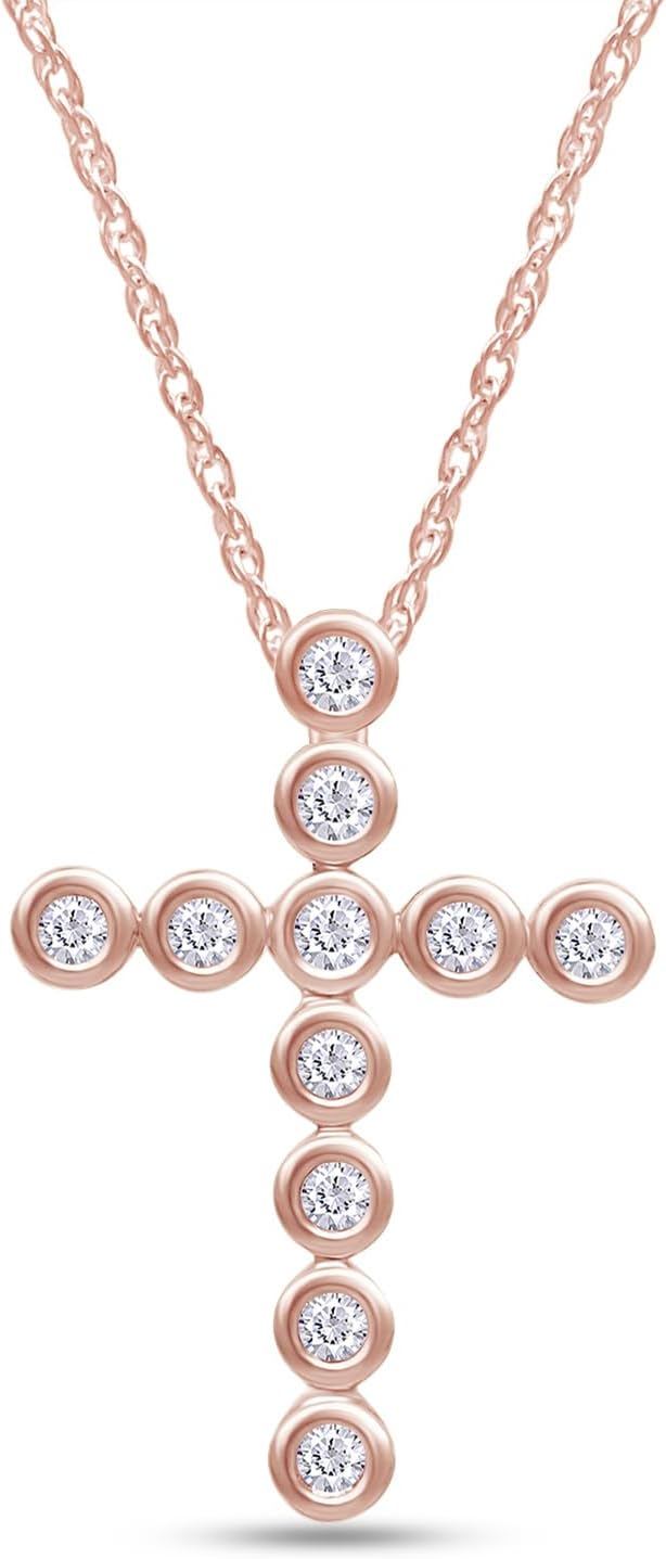 SAVEARTH DIAMONDS 1/4 Carat CT.T.W Round Cut Lab Grown Diamond Bezel Set Cross Pendant Necklace In 14k Gold Over Sterling Silver Jewelry For Her, 18" Chain (0.25 Cttw)