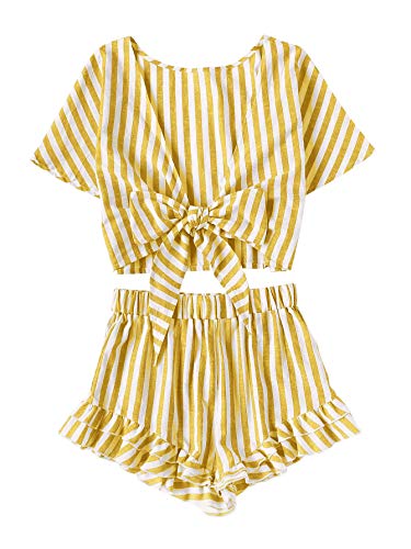 SweatyRocks Women's 2 Piece Boho Floral Print Crop Cami Top with Shorts Set Yellow Medium