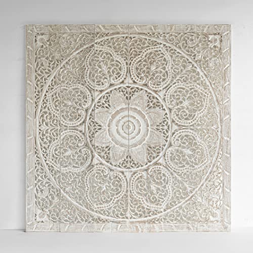 Wood Hand Carved Mandala King Size Headboard Wall Mounted Art Hanging Whitewash Bedroom Furniture Handcrafted In Thailand 72 Inches #TOP1