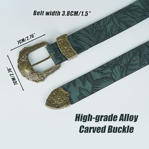 Green,110CM/43.3'',Trendy Floral Western Belts for Women Cowgirl Cowboy Country Belt with Silver Carved Gold Buckle2
