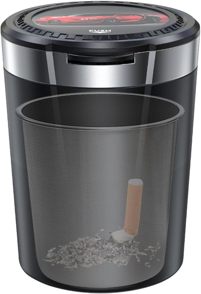 Ashtray with Lid Smell Proof, Smokeless Ash tray for Cup Holder, Detachable Stainless Steel Auto LED Light Ash Tray for Car, Office, Home (Black)