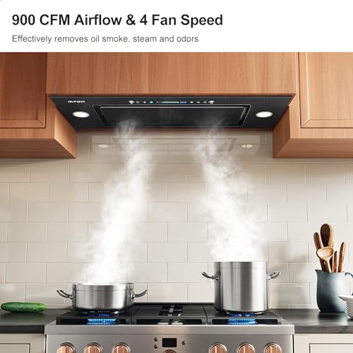 Image of IKTCH 30 inch Range Hood Insert, 900 CFM Convertible Vent Hood with 4-Speed Fan, Black Stainless Steel & Tempered Glass, Gesture Control & Touch Panel