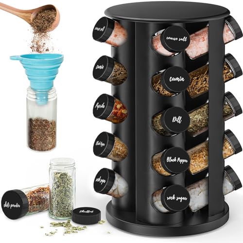 IPEB Manège à épices rotatif avec 20 pots d'assaisonnement en acier inoxydable avec autocollants et entonnoir pliant pour plan de travail ou placard, noir
