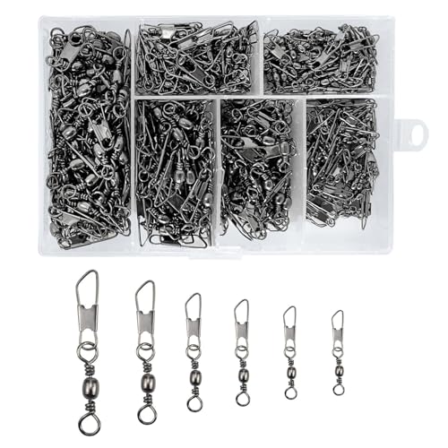 QMLING Juego de 300 clavijas de pesca, esmerillón de pesca con rodamiento de bolas, mosquetón de pesca con caja de clasificación, accesorios de pesca 6 tamaños 5# 7# 8# 10# 12# 14#