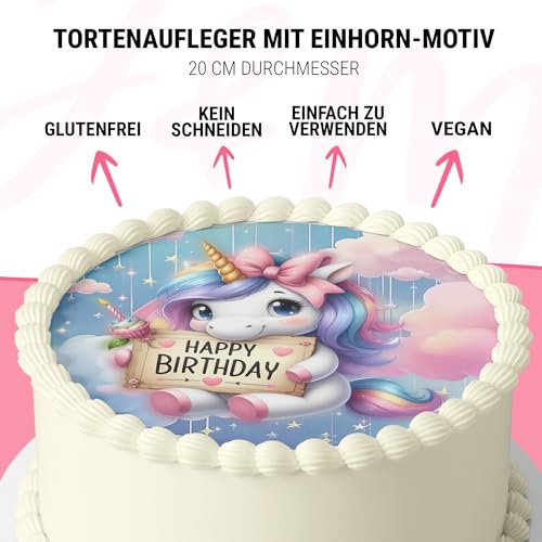 J&M DECO Essbare Tortenaufleger Einhorn - Runde Tortendeko 20 cm aus Oblatenpapier - Geburtstag Mädchen - Esspapier für Geburtstagskuchen - Einhorn-Motiv Kinderparty - Glutenfrei & Vegan