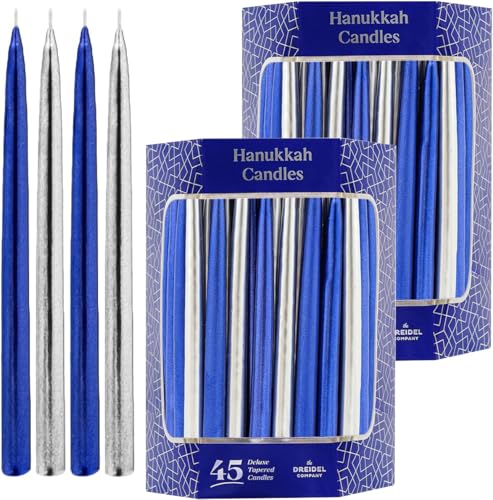 Bougies de Hanouka métallisées bleues et argentées anti-gouttes The Dreidel Company - Lot de 45