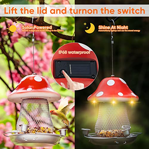 Bird Feeders For Outdoors Hanging, Mushroom Solar Bird Feeders Waterproof Outside Wild Bird Feeder W Metal Hook Proof Baffle And Drinking Cups Garden Yard Decoration (Red) #TOP5