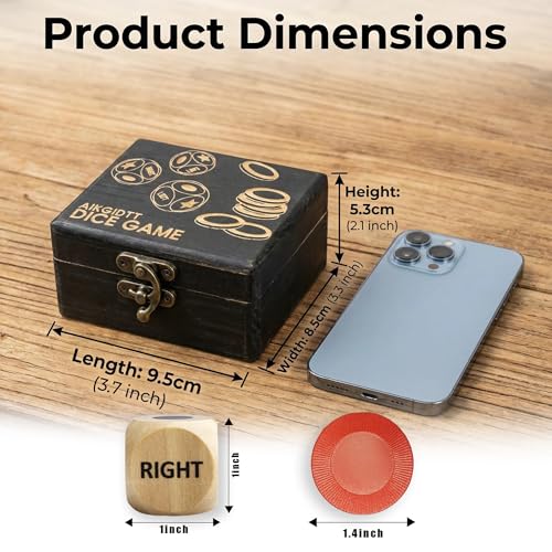 Aikgidtt Left Right Roll Dice Game Set - 3 Wood Dice & 36 Plastic Chips in Wooden Box, Fun Family Party Dice Games for Adults, Teens & Friends, Black - Thumbnail 4
