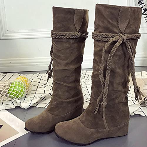 Hbeylia Hidden Heels Boots For Women Ladies Boho Fashion Casual Tassel Lace Up Suede Round Toe Slip On Flats Knee High Boots Bohemian Beach Wide Mid Calf Winter Fall Short Dress Boots Christmas Decor #TOP3