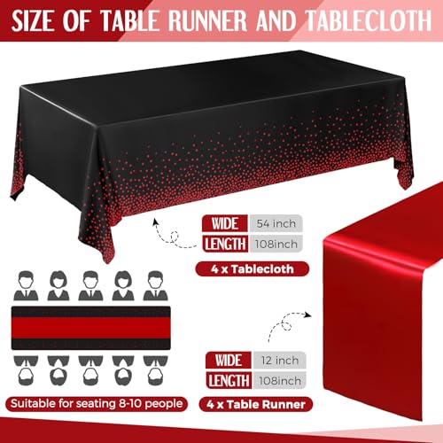 Image of Breling 8 Pack Black and Red Disposable Plastic Tablecloths and Satin Table Runner Set, 54 x 108 Inch Tablecloth, 12 x 108 Inch Table Runners for Wedding Graduation Birthday Baby Shower
