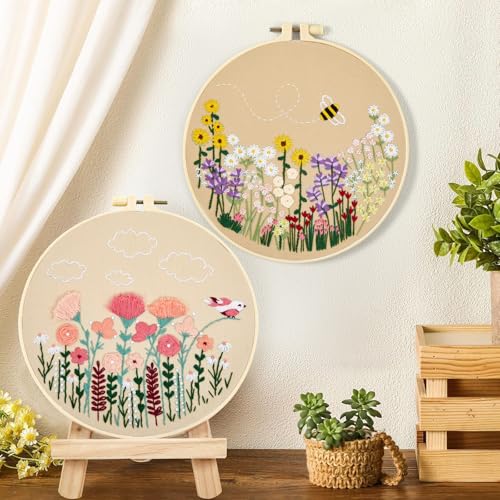 Image of Flowers Embroidery Kits for Beginners Adults, Floral Hand Embroidery Set Needlepoint Kits, Stamped Cross Stitch Kits for Beginners Adults, 2 Embroidery Hoops, Fabric, Thread (Attached Video Tutorial)