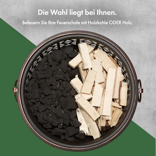 Vonhaus Feuerstelle für Garten,Terrasse & Outdoor– tragbar und leicht, Feuerkorb aus bronzegetönter Stahl, Geometrischer Design, Feuerschale mit Funkenschutz & Schürhaken, Nutzbar mit Holz oder Kohle