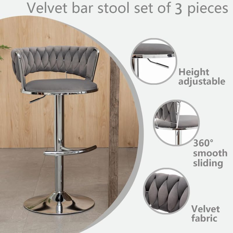 Miniatura 3 de Juego de 3 taburetes de bar de terciopelo, taburetes de bar de altura de mostrador con respaldo bajo, taburetes de bar modernos de altura ajustable,