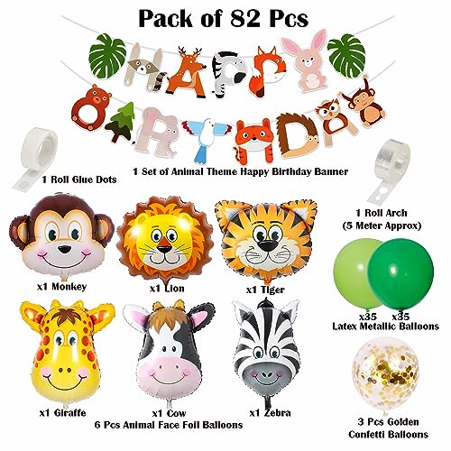 Image of Rozi Decoration Jungle Theme Birthday Decoration Kit Pack of 82 Pcs | Animal Theme Party Set with 6 Foil Balloons, Happy Birthday Banner, Garland Arch & Golden Confetti Balloons for Boys & Girls