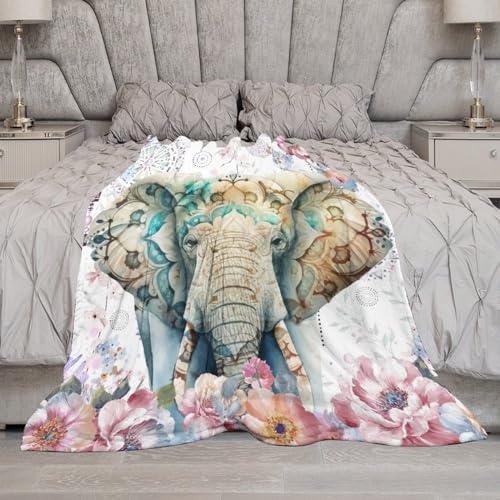 Yaxinduobao Couverture douce à thème mandala rustique bohème aquarelle faune tropicale éléphant printemps fleurs couverture pour chambre à coucher canapé jeté - 101,6 x 127 cm (l x L) – vue 8
