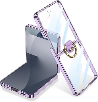 Transparent Folding Case with Ring for Galaxy Z Flip 7, All-Inclusive Protective Cover for Z Flip7, Plated Frame Screen Film Purple