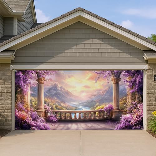 Scenic Mountain View Garage Door Cover, Gorgeous Sunset Landscape Large Garage Door Decorations, Outdoor Home Decor for All Seasons, Perfect for Spring and Summer 157x71 Inch