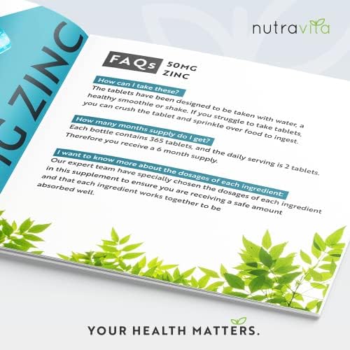 Zinc Tablets 50mg  365 Vegan Tablets for 6 Months Supply  Zinc Supplement High Strength for Maintenance of Normal Immune System, Bones, Hair, Skin & Nails  Made in The UK by Nutravita