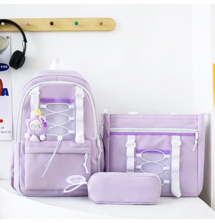 College Style Backpack Set of 3, Kawaii Simple Stylish 3-In-1 Bookbag Set, Cute Large Capacity Nylon Rucksack (Purple)2