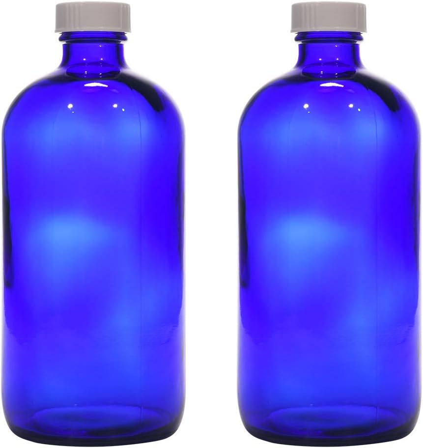 Rentra S.P.A 480ml (16oz) Cobalt Blue Glass Bottle with White Phenolic Cap, Set of 2.