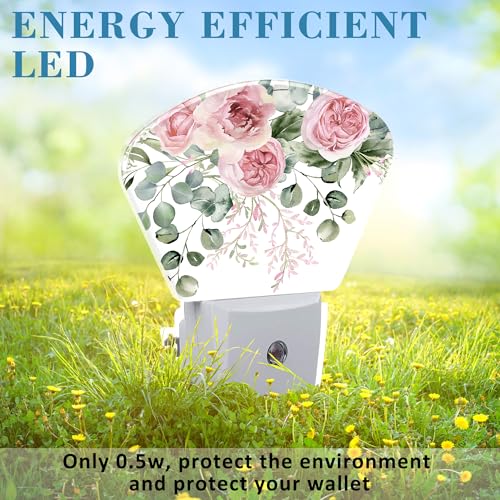 Image of Pink Flowers Plug in Night Lights, Eucalyptus Greenery Nightlight Plug Into Wall Dusk to Dawn Sensor for Kid Girls Boys Women Men Bedroom, Hallway, Kitchen, Bathroom, Stairs Decor