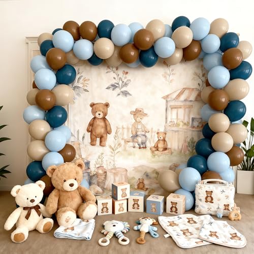 Image of Blue and Brown Balloons Bear Dusty Pastel Blue Khaki Nude White Sand Balloons Tan Apricot Beige Cream Balloon for Boys One Sweet Cookie Baby Shower Birthday Gender Reveal Party Decorations