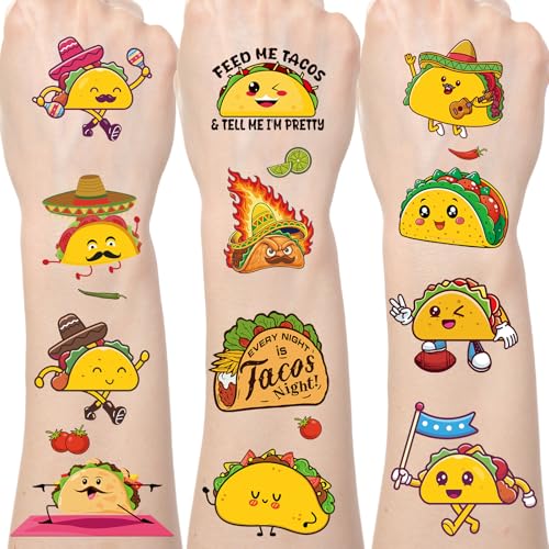 Yoyuspy Taco Bout Temporary Tattoos - 200+ Taco Party Decorations Supplies Favors Mexican Fiesta Taco Cinco De Mayo Tattoo Stickers Gifts for Kids Twosday Birthday Party Decoration Decor Prizes