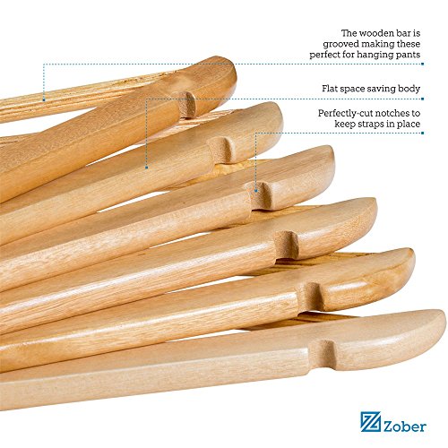Zober Solid Wood Suit Hangers - 20 Pack - With Non Slip Bar And Precisely Cut Notches - 360 Degree Swivel Chrome Hook - Natural Finish Super Sturdy And Durable Wooden Hangers #TOP4