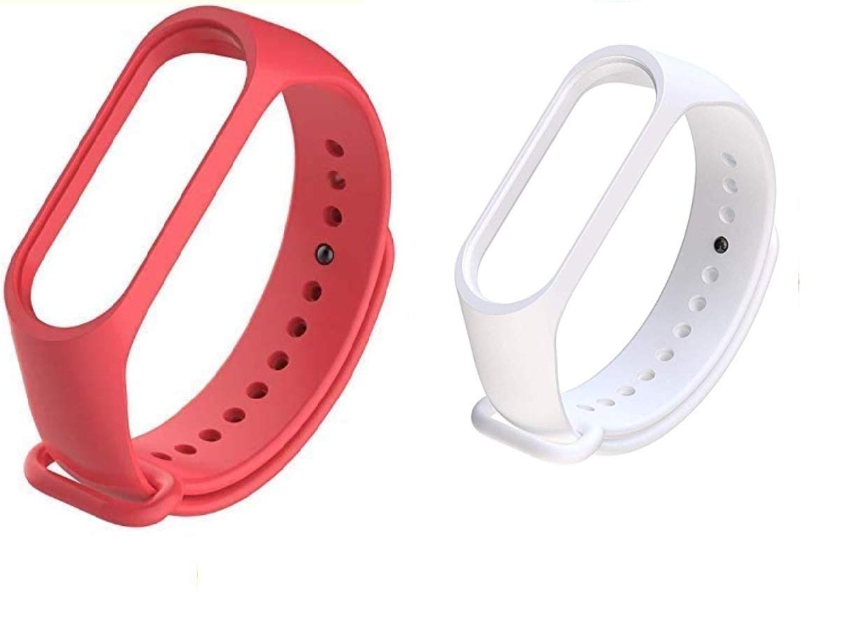 Hadwin Adjustable Silicone Strap Compatible for Mi Band 3 / Mi Band 4 (Combo Pack, Pack of 2) (Red & White)