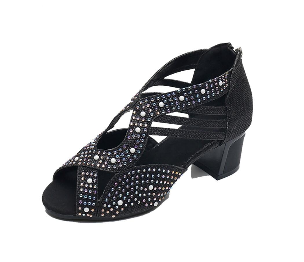 Damskie buty z odkrytymi palcami zapinane na zamek błyskawiczny brokatowe syntetyczne kryształy górskie tango buty do tańca latynoskiego sandały na wesele, - Czarny 5 cm pięta bąbelkowa podeszwa - 39.5 EU