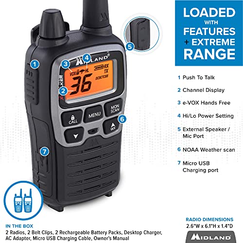 Midland - X-Talker T71Vp3, 36 Channel Frs Two-Way Radio - Up To 38 Mile Range Walkie Talkie, 121 Privacy Codes, & Noaa Weather Scan + Alert (Pair Pack) (Black/Silver) #TOP3