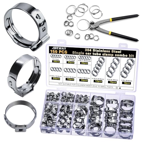 ASKWAY Single Ear Hose Clamp 6-28Mm 150 Pcs 10 Sizes, 304 Stainless Steel Stepless Hose Clamp, Suitable For Pex Pipe Connection, Automotive, Pipeline, Garden And Industrial Use