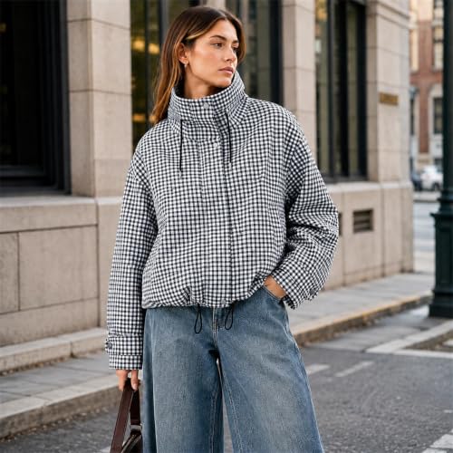 Womens Zip Up Jacket Gingham Striped Stand Collared Pullover Jacket - image 6