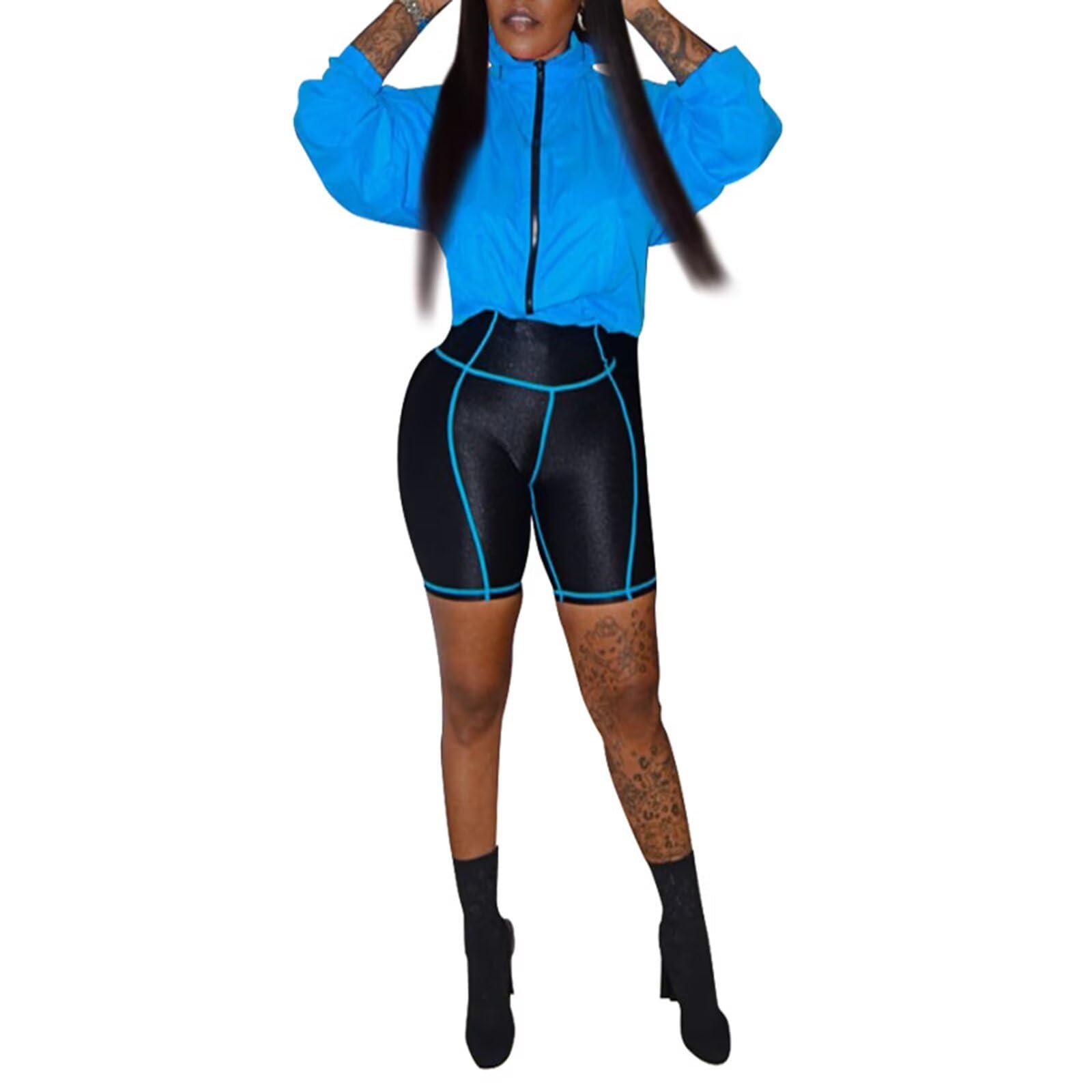 Women's Casual Tracksuit Two Piece Outfits Clock Block Patchwork Zipper Top and High Waisted Short Pants Sport Jogging Sets