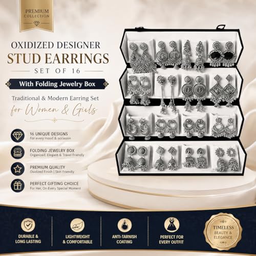 Image of Oxidized Designer Stud Earrings Set of 16 with Folding Jewelry Box | Traditional & Modern Earring Set for Women & Girls
