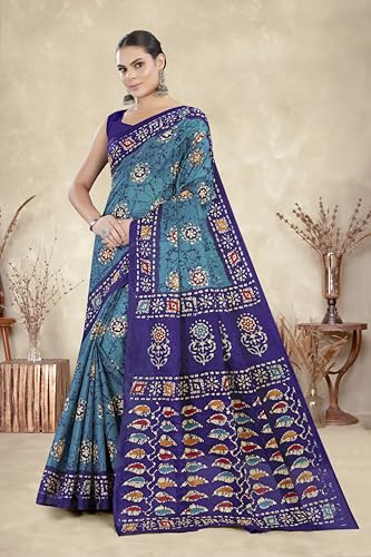 Tamaira Fashion Women's Batik Printed Pure Cotton Mulmul Saree Without Blouse Piece(Ab47_Tealblue)