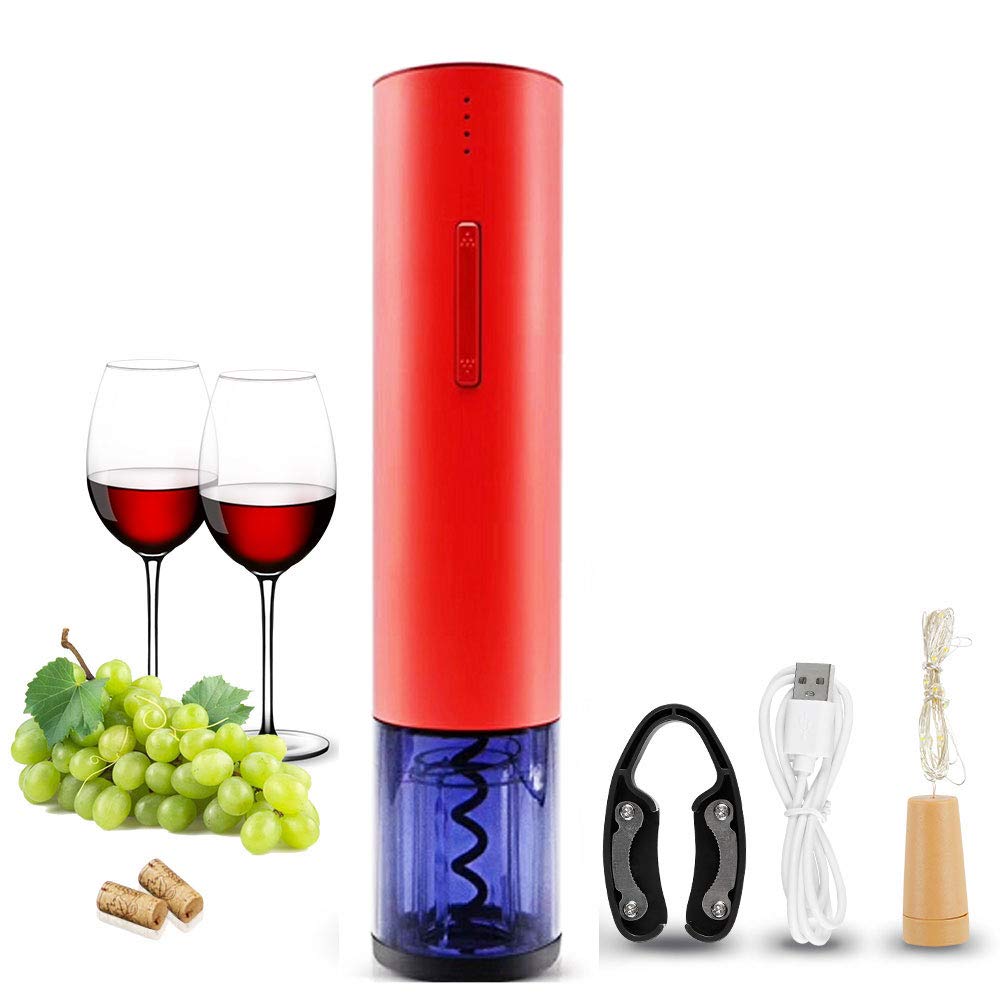 Electric Wine Opener, Automatic Electric Wine Bottle Corkscrew Opener, Cordless Electric Corkscrew Wine Cork Remover, Easy to use with USB Charging (Stainless Steel) (Red)